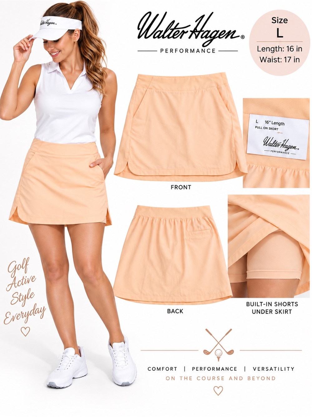 Walter Hagen Peach Performance Skort with Built-In Shorts